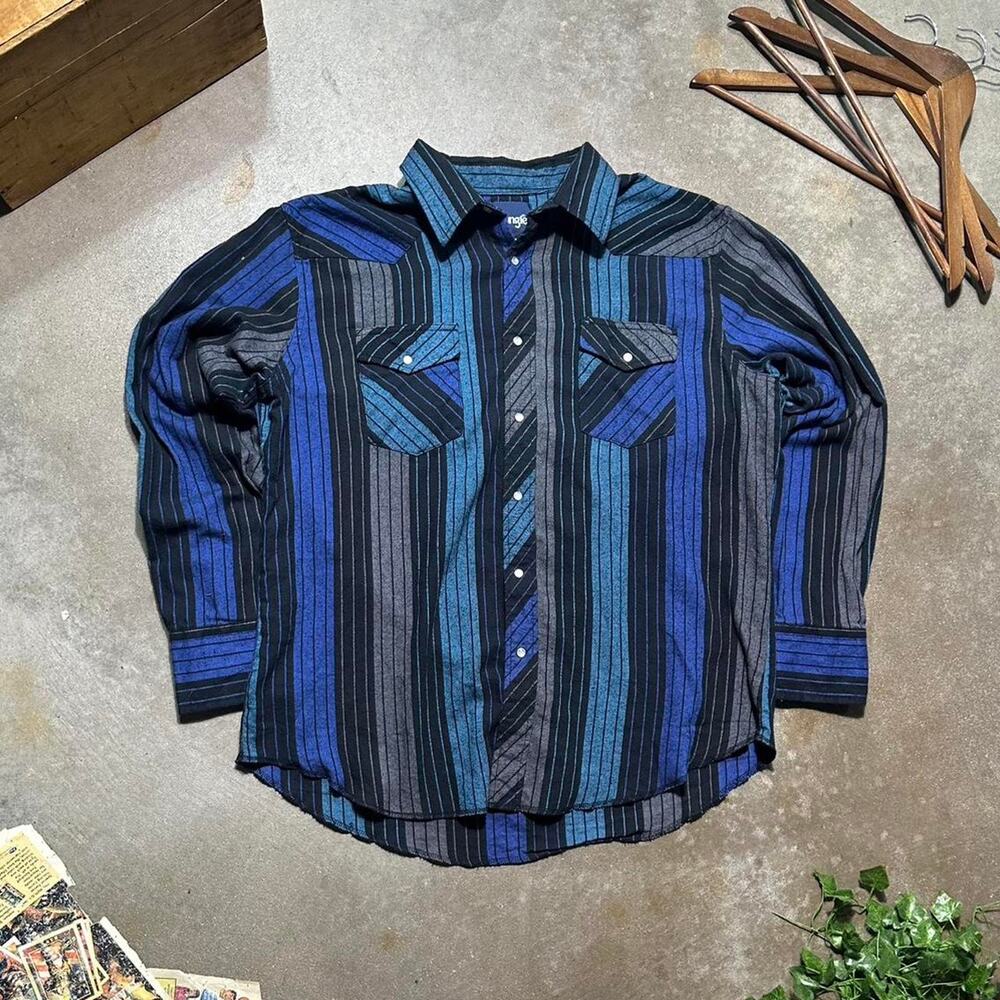 Vintage Wrangler Pearl Snap Cowboy Cut Button Down Shirt Mens XL Blue Grey Tee